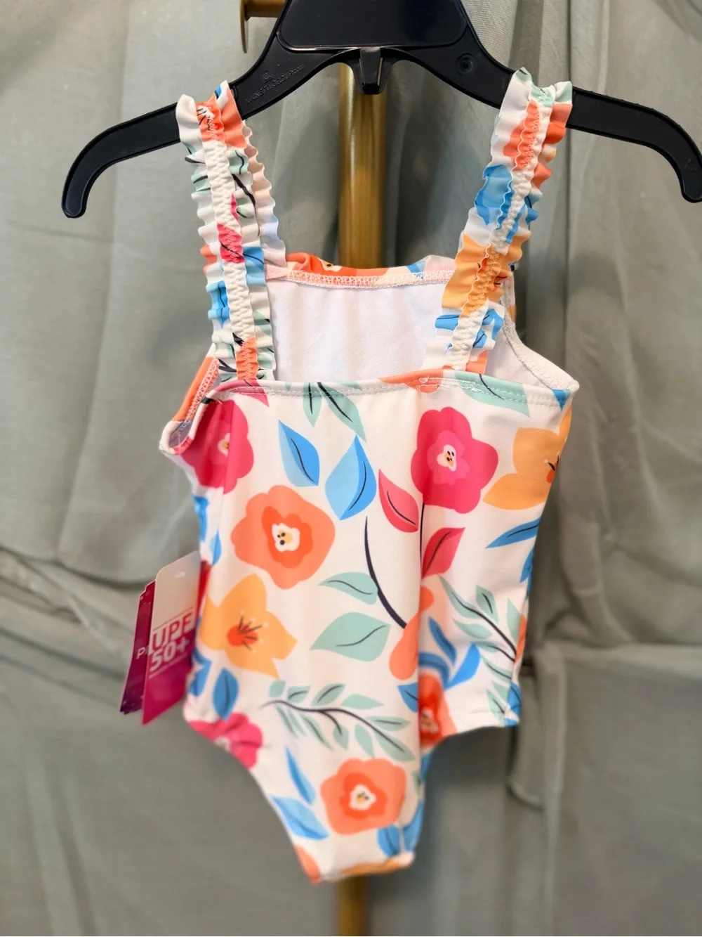 Disney Princess Girls Ruffled One-Piece Swimsuit in White, Blue & Orange